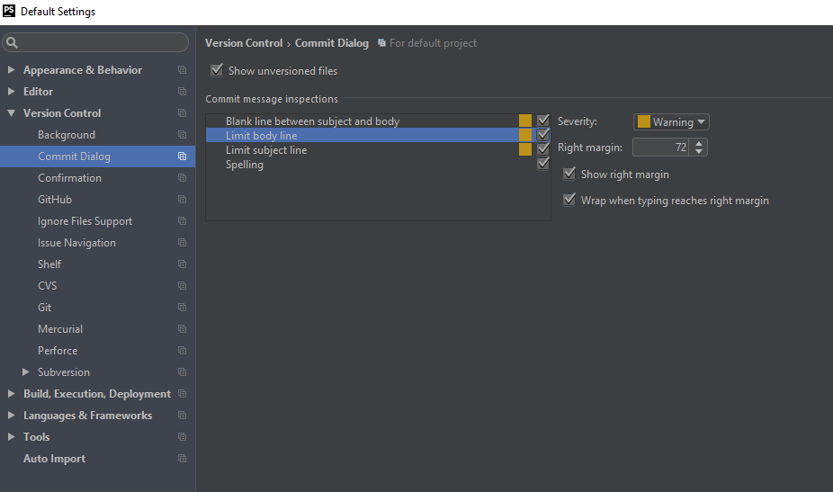 Screenshot Einstellung Commit Dialog in PHPSTORM